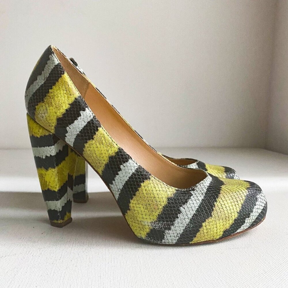 Loeffler Randall Snakeskin Grey Yellow White Chunky Heels
